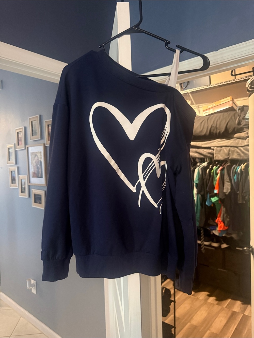 SHEIN Navy Off-Shoulder Sweatshirt with White Heart Graphic